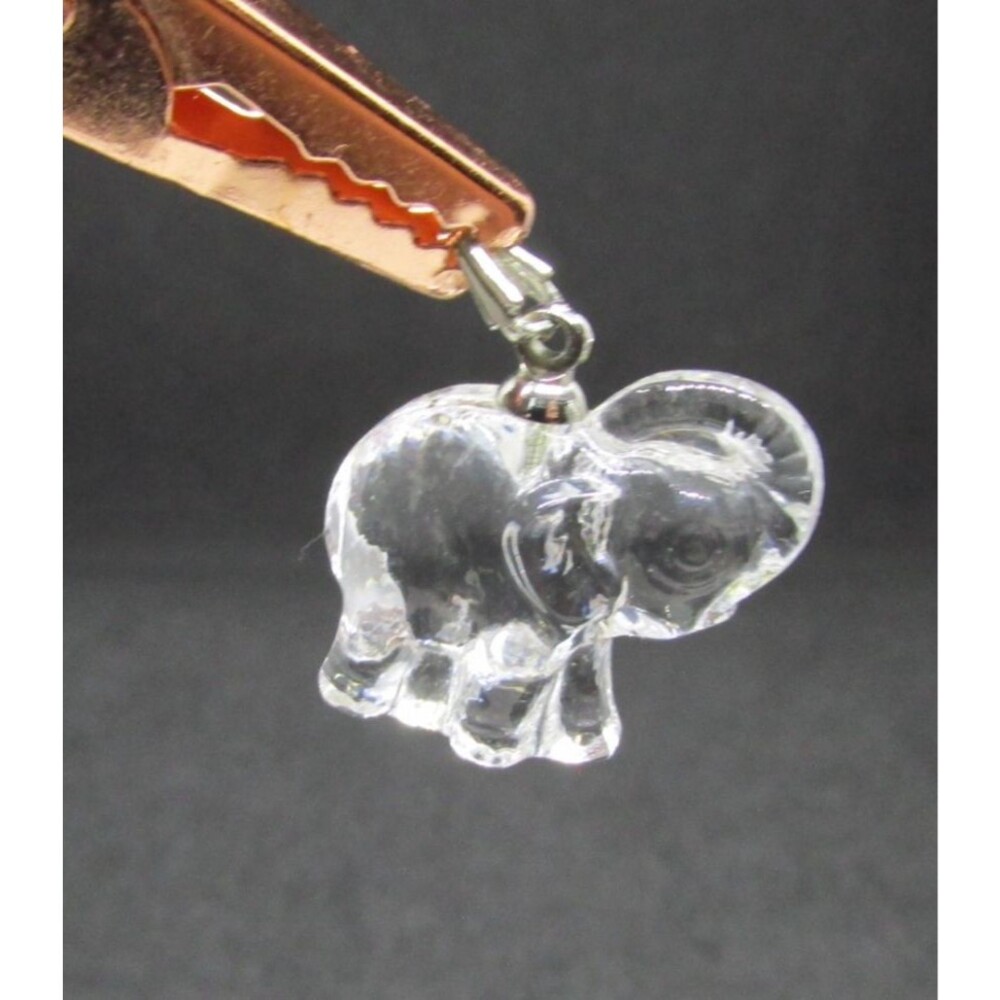 Clear Glass Elephant Necklace Pendant Silvertone Bail Trunk Up 3/4 in Trunk Up